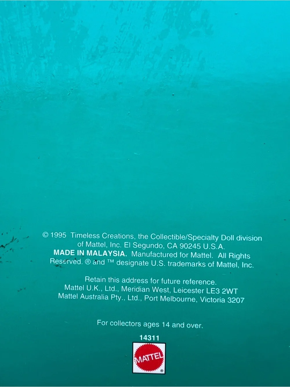 1995 Timeless Collection Mattel Teal/Turquoise Doll Packaging Back Panel